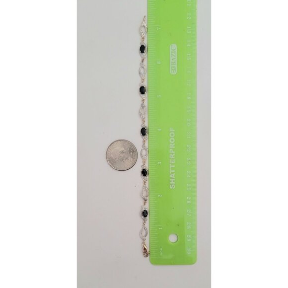 Sterling Silver 925 Gold Black Lucite Cab Rhinestone Bracelet, 7.25" Long M974 - Picture 3 of 5